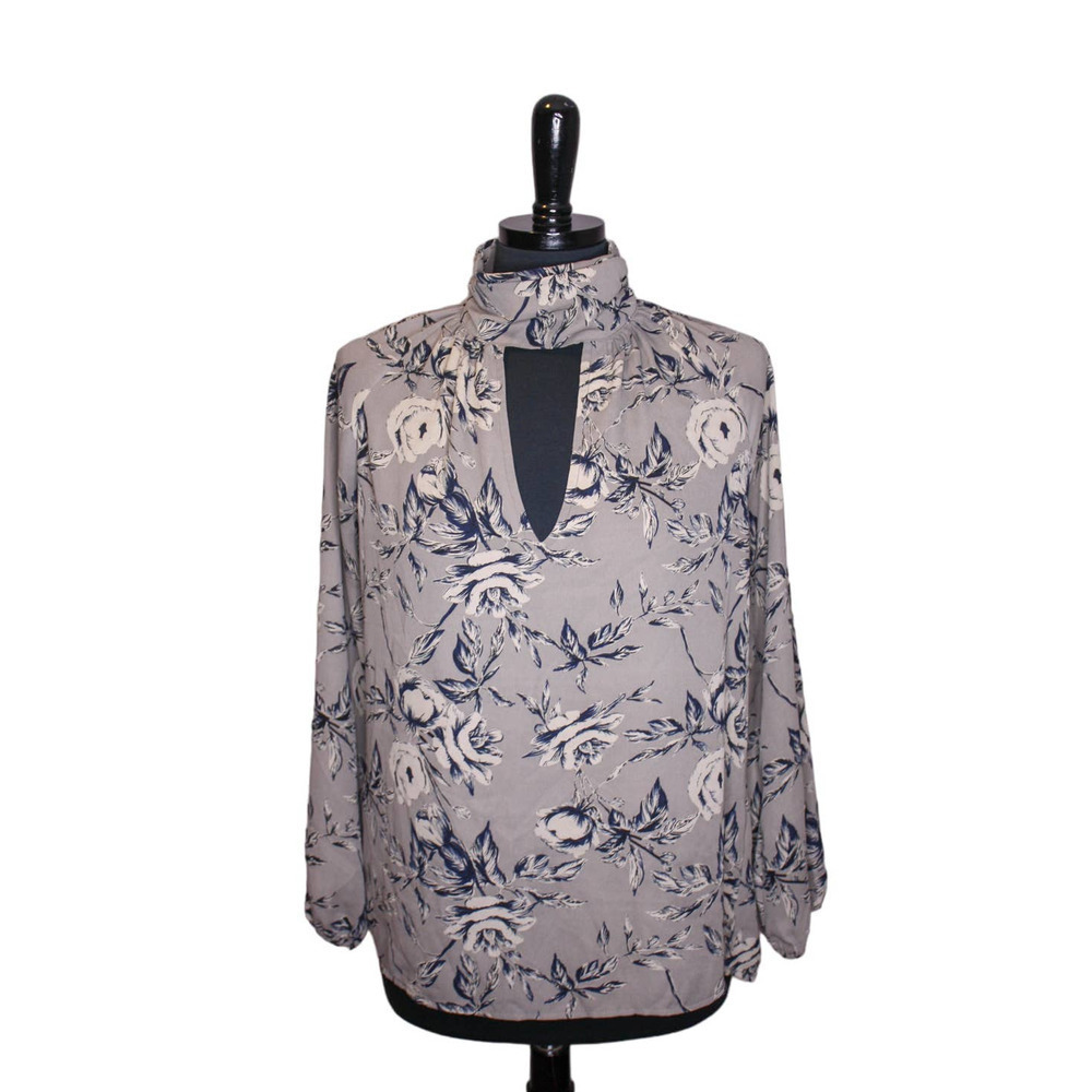 Veronica M Floral Blouse High Neck Keyhole Cutout Gray Blue Size M